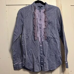 Gap size M Blue tuxedo ruffle chambray long mandarine collar long sleeve blouse